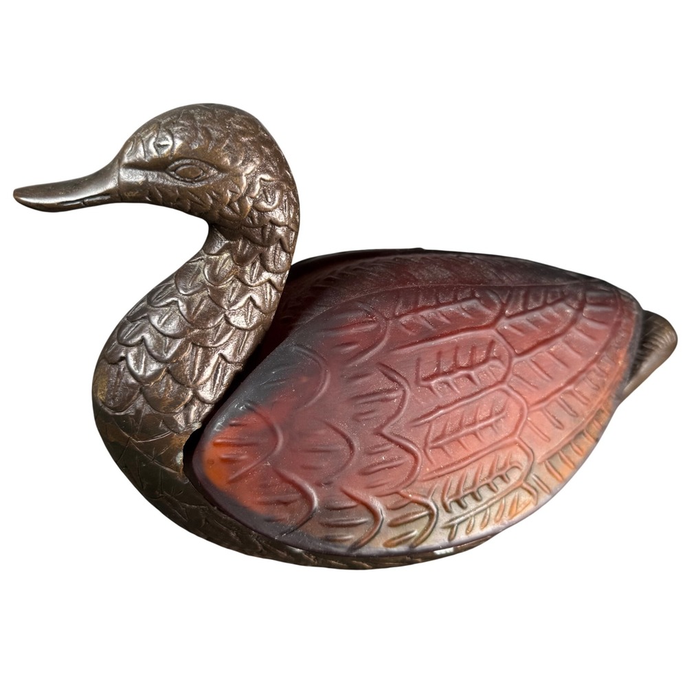 Vintage Slag Glass Duck Accent Lamp Bronze Tone Metal Mallard Decoy Table Light
